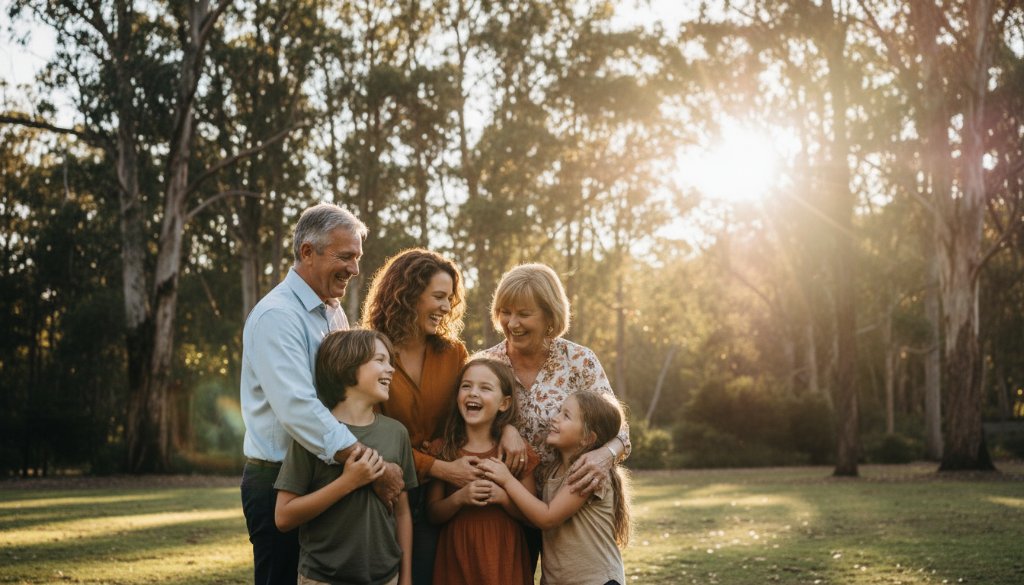 An epic, emotionally resonant photograph of a family laughing joyously together at golden hour in Upper Ferntree Gully Park, perfectly encapsulating heartfelt family photography in Upper Ferntree Gully Park with dramatic backlighting.