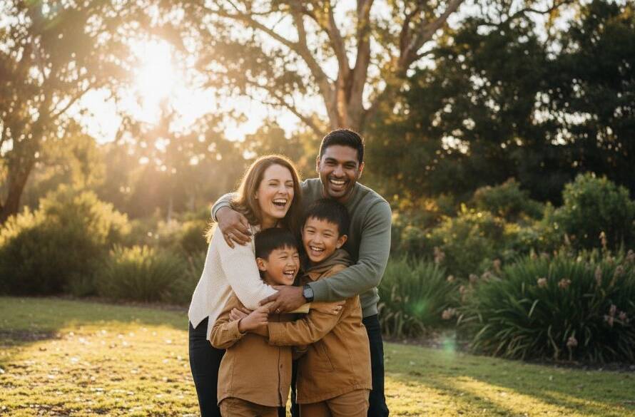 An 'epic moment' photograph capturing a family laughing joyfully during a sunset picnic in Box Hill South, Victoria, showcasing heartfelt family photos Box Hill South Victoria, with warm, golden light filtering through trees.