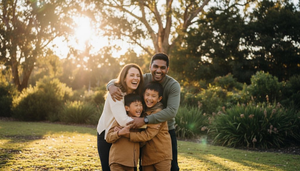 An 'epic moment' photograph capturing a family laughing joyfully during a sunset picnic in Box Hill South, Victoria, showcasing heartfelt family photos Box Hill South Victoria, with warm, golden light filtering through trees.