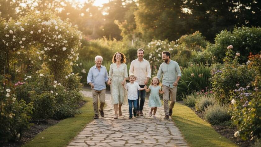 A heartwarming, cinematic wide shot capturing a family's joyful laughter during a heartfelt family photoshoot in Forest Hill Gardens, Victoria, Australia, bathed in golden hour light, with lush greenery in the background, professionally colour-graded.