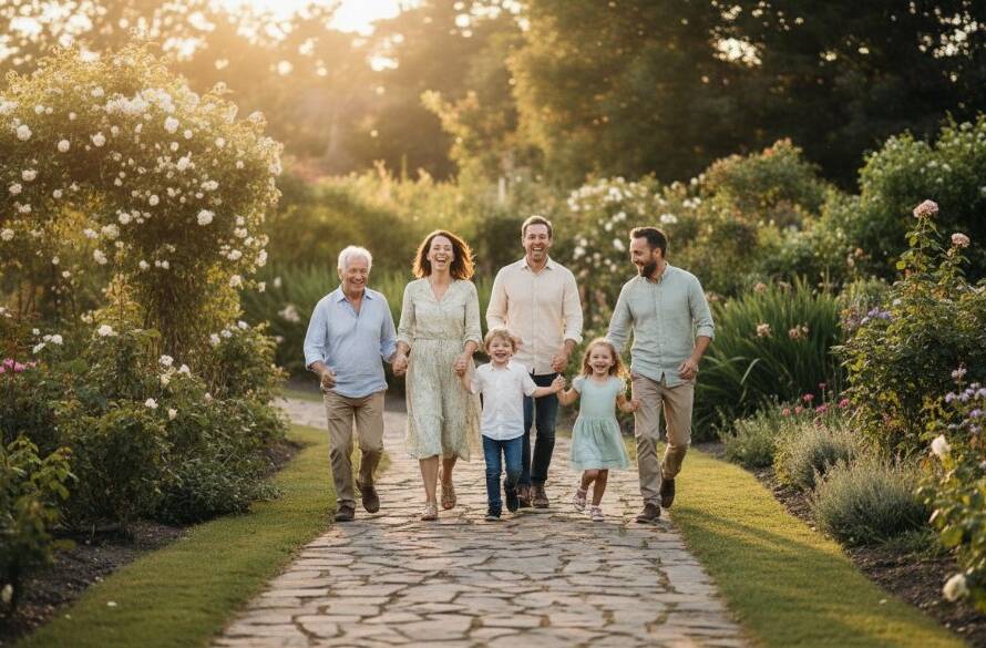A heartwarming, cinematic wide shot capturing a family's joyful laughter during a heartfelt family photoshoot in Forest Hill Gardens, Victoria, Australia, bathed in golden hour light, with lush greenery in the background, professionally colour-graded.