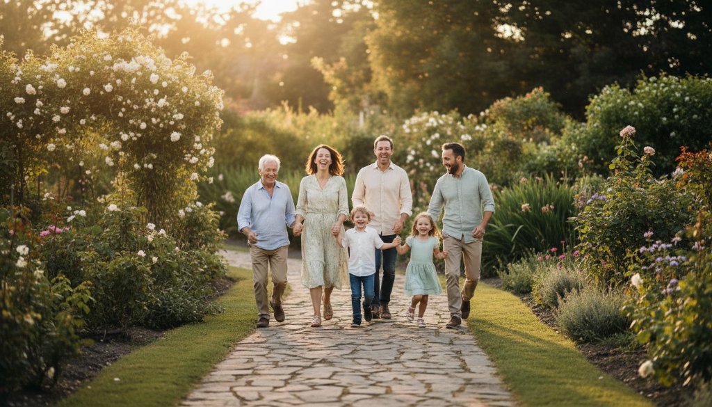 A heartwarming, cinematic wide shot capturing a family's joyful laughter during a heartfelt family photoshoot in Forest Hill Gardens, Victoria, Australia, bathed in golden hour light, with lush greenery in the background, professionally colour-graded.