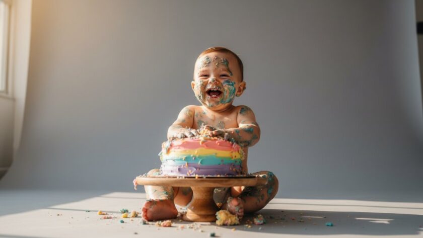 An adorable baby, covered in cake frosting, laughing joyfully during a heartfelt first birthday cake smash photography Hamlyn Heights session, with dramatic backlighting capturing the messy fun in a professional studio setting.