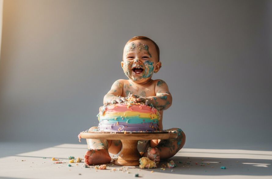 An adorable baby, covered in cake frosting, laughing joyfully during a heartfelt first birthday cake smash photography Hamlyn Heights session, with dramatic backlighting capturing the messy fun in a professional studio setting.
