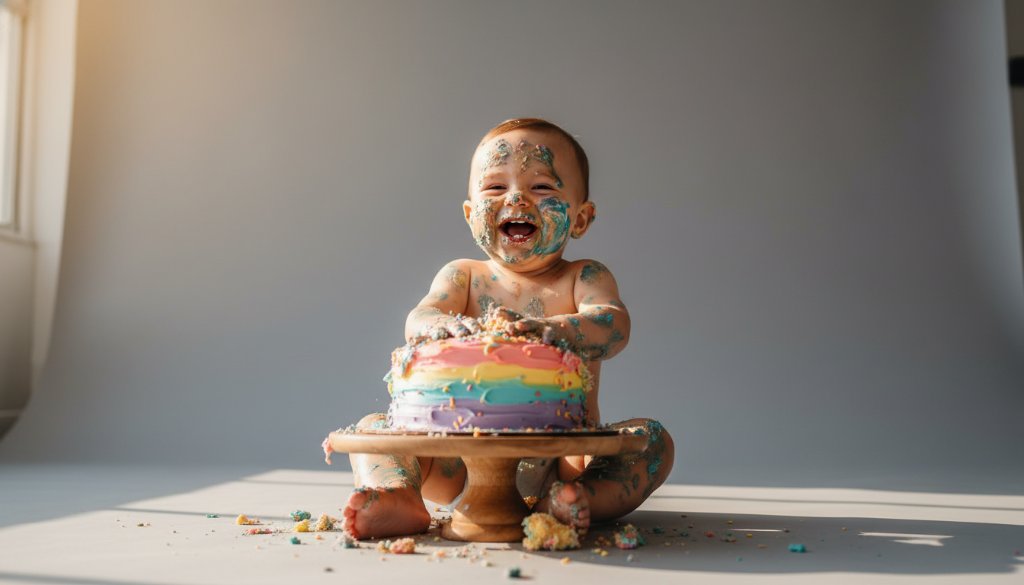 An adorable baby, covered in cake frosting, laughing joyfully during a heartfelt first birthday cake smash photography Hamlyn Heights session, with dramatic backlighting capturing the messy fun in a professional studio setting.