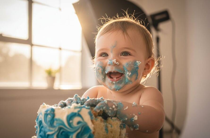 An adorable baby, covered in colourful cake, laughing joyously during a heartfelt Frankston South first birthday cake smash photography session, with dramatic backlighting and soft focus on the cake crumbs, capturing a pure moment of chaotic delight.