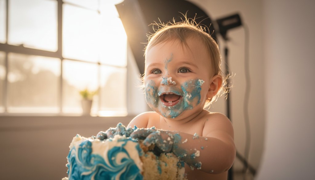 An adorable baby, covered in colourful cake, laughing joyously during a heartfelt Frankston South first birthday cake smash photography session, with dramatic backlighting and soft focus on the cake crumbs, capturing a pure moment of chaotic delight.