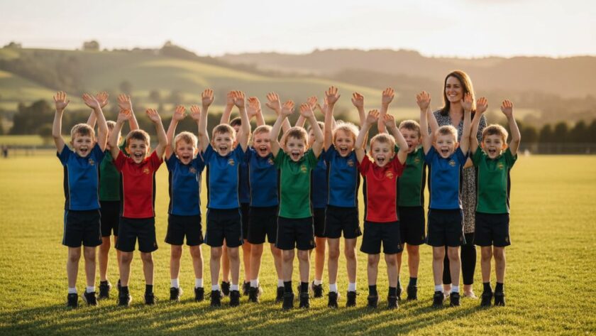 An emotional wide-angle shot capturing heartfelt Gisborne school photography candid moments during an outdoor assembly, with sunlight highlighting students' joyful expressions and strong connections as a teacher looks on proudly, evoking a sense of community and growth.