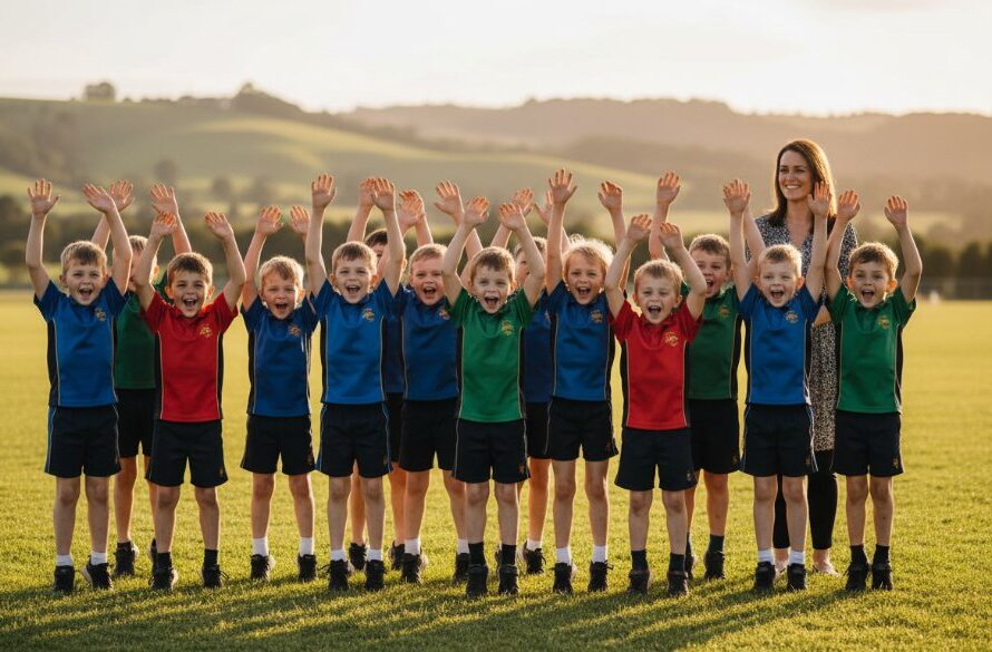 An emotional wide-angle shot capturing heartfelt Gisborne school photography candid moments during an outdoor assembly, with sunlight highlighting students' joyful expressions and strong connections as a teacher looks on proudly, evoking a sense of community and growth.