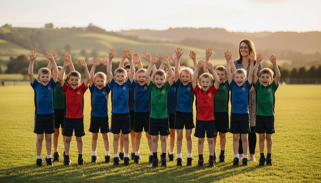 An emotional wide-angle shot capturing heartfelt Gisborne school photography candid moments during an outdoor assembly, with sunlight highlighting students' joyful expressions and strong connections as a teacher looks on proudly, evoking a sense of community and growth.