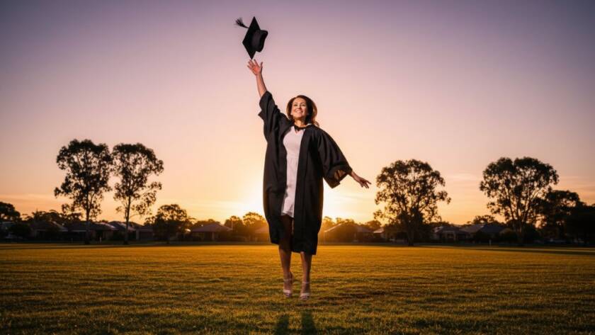 An epic moment of a graduating student in Clayton South, Victoria, celebrating with their cap thrown high against a backdrop of eucalyptus trees, capturing heartfelt graduation photography in golden hour light with a joyful expression and a sense of accomplishment.