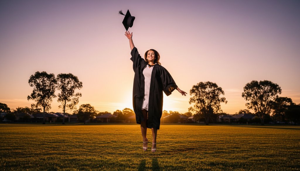 An epic moment of a graduating student in Clayton South, Victoria, celebrating with their cap thrown high against a backdrop of eucalyptus trees, capturing heartfelt graduation photography in golden hour light with a joyful expression and a sense of accomplishment.