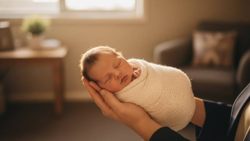 Close-up, high-detail shot of a newborn baby's tiny hand grasping a parent's finger, showcasing the delicate features and profound connection, bathed in warm, soft natural light in a Heathmont home, embodying heartfelt Heathmont baby photos capturing tiny milestones.