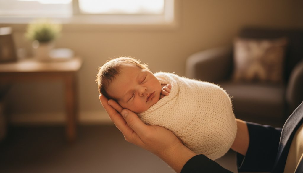 Close-up, high-detail shot of a newborn baby's tiny hand grasping a parent's finger, showcasing the delicate features and profound connection, bathed in warm, soft natural light in a Heathmont home, embodying heartfelt Heathmont baby photos capturing tiny milestones.