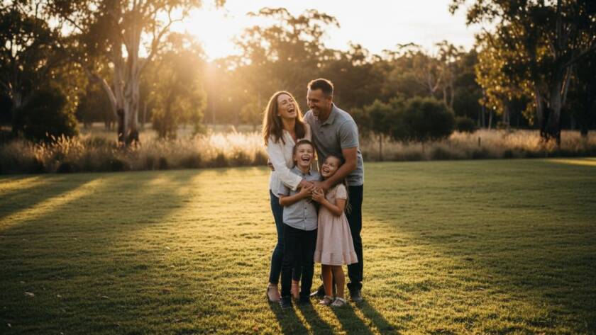 An epic, emotionally resonant photograph capturing a family of four laughing joyfully during a heartfelt Hillside family photography Victoria session, silhouetted by the warm golden hour sun in a natural parkland setting with dramatic light and professional colour grading.
