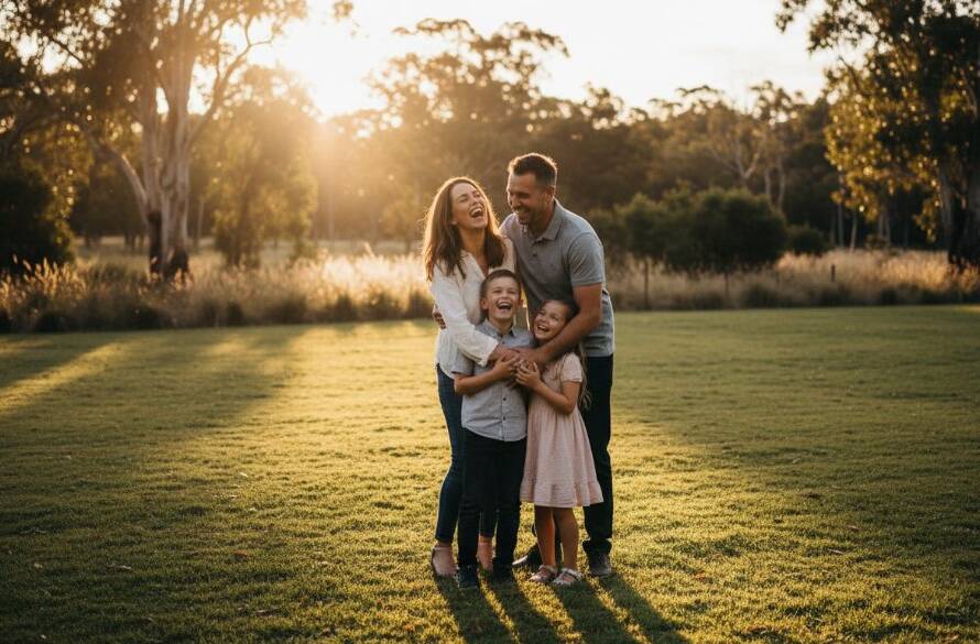 An epic, emotionally resonant photograph capturing a family of four laughing joyfully during a heartfelt Hillside family photography Victoria session, silhouetted by the warm golden hour sun in a natural parkland setting with dramatic light and professional colour grading.
