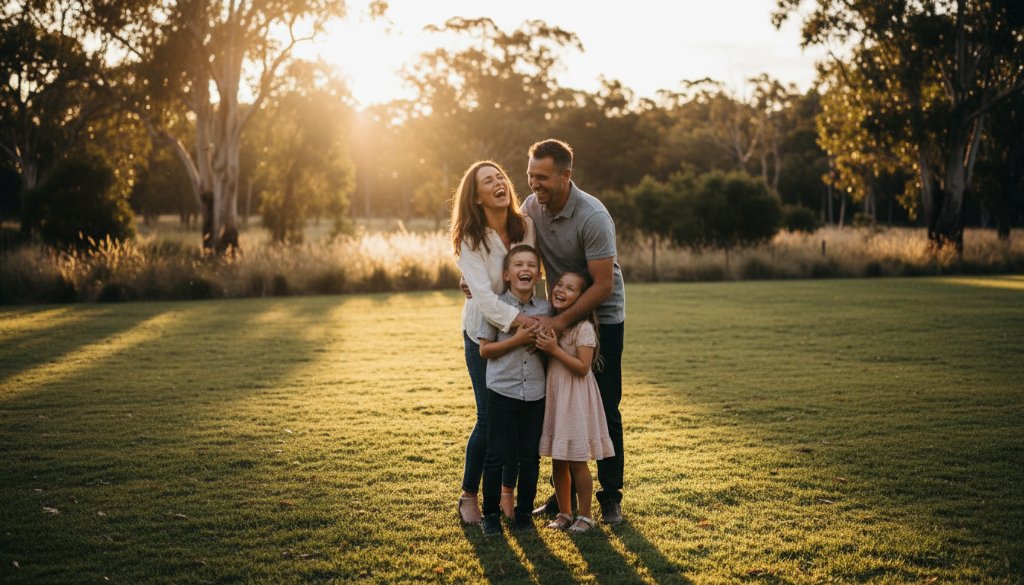 An epic, emotionally resonant photograph capturing a family of four laughing joyfully during a heartfelt Hillside family photography Victoria session, silhouetted by the warm golden hour sun in a natural parkland setting with dramatic light and professional colour grading.