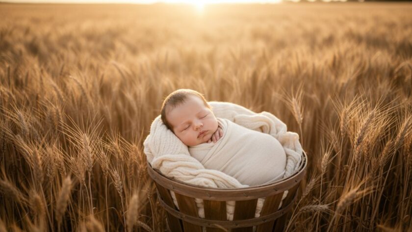 A breathtaking, candid, and heartfelt Irymple newborn photography Victoria scene, showcasing a peacefully sleeping baby swaddled in soft organic fabric, cradled gently in a rustic wooden basket amidst a soft, sun-drenched, golden field at sunset, evoking warmth and innocence. The professional photograph uses dramatic, ethereal backlighting and shallow depth of field, with rich, creamy colours, capturing an epic moment of pure tranquility.