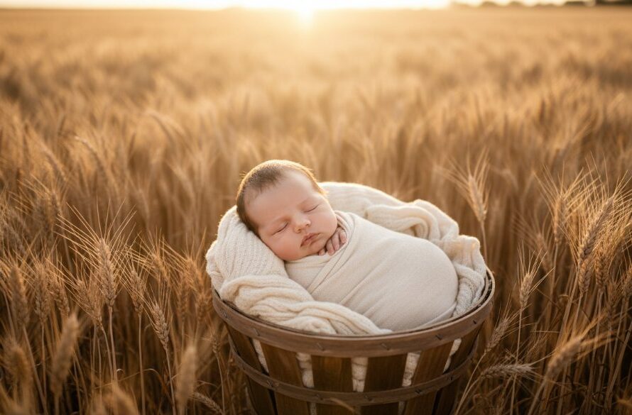 A breathtaking, candid, and heartfelt Irymple newborn photography Victoria scene, showcasing a peacefully sleeping baby swaddled in soft organic fabric, cradled gently in a rustic wooden basket amidst a soft, sun-drenched, golden field at sunset, evoking warmth and innocence. The professional photograph uses dramatic, ethereal backlighting and shallow depth of field, with rich, creamy colours, capturing an epic moment of pure tranquility.