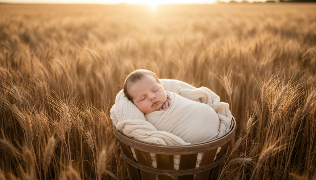 A breathtaking, candid, and heartfelt Irymple newborn photography Victoria scene, showcasing a peacefully sleeping baby swaddled in soft organic fabric, cradled gently in a rustic wooden basket amidst a soft, sun-drenched, golden field at sunset, evoking warmth and innocence. The professional photograph uses dramatic, ethereal backlighting and shallow depth of field, with rich, creamy colours, capturing an epic moment of pure tranquility.
