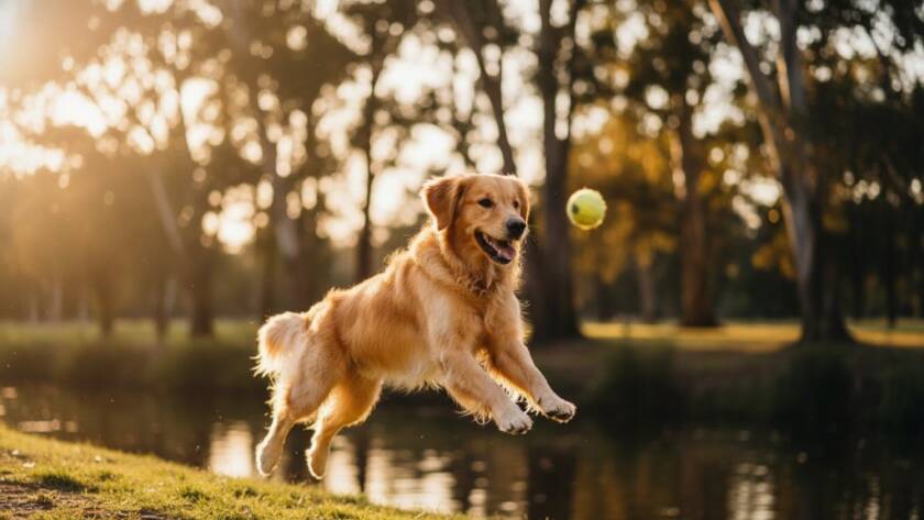 An epic moment of heartfelt Kealba pet photography capturing furry family moments: a golden retriever puppy joyfully leaping through golden afternoon sunlight in Kealba's Brimbank Park, its owner's outstretched hand just out of frame, capturing pure bliss.