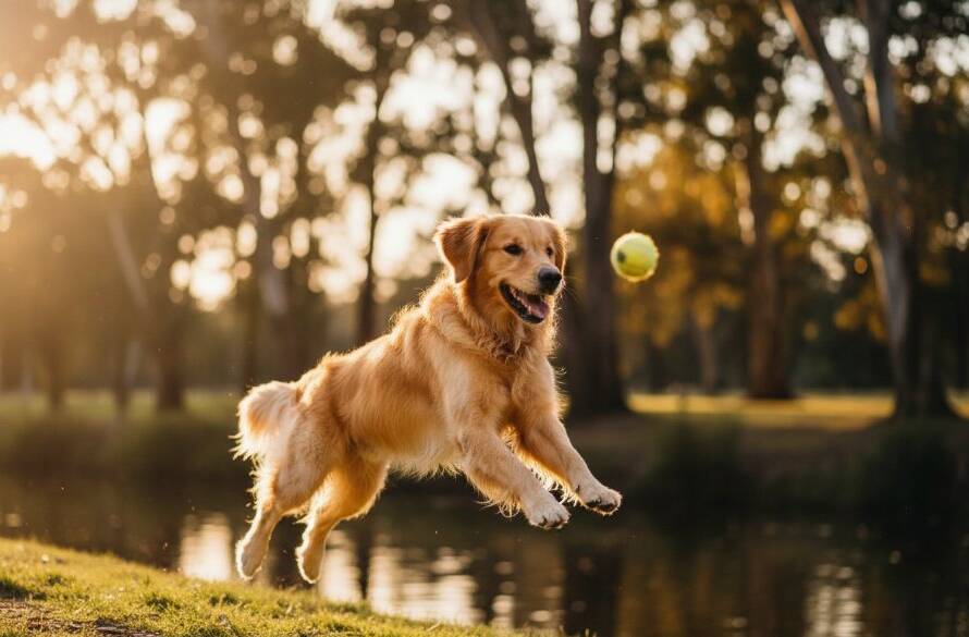 An epic moment of heartfelt Kealba pet photography capturing furry family moments: a golden retriever puppy joyfully leaping through golden afternoon sunlight in Kealba's Brimbank Park, its owner's outstretched hand just out of frame, capturing pure bliss.