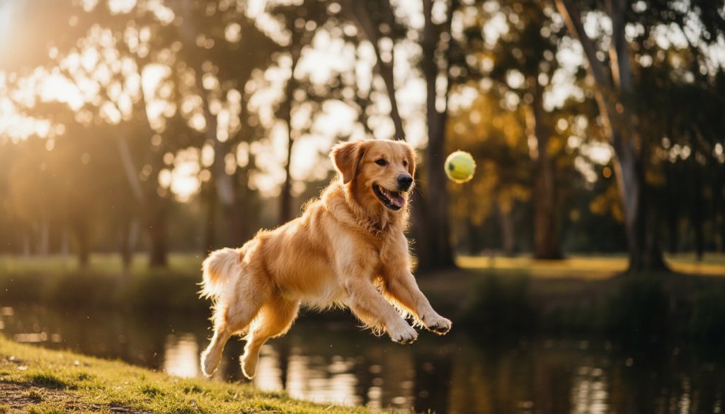 An epic moment of heartfelt Kealba pet photography capturing furry family moments: a golden retriever puppy joyfully leaping through golden afternoon sunlight in Kealba's Brimbank Park, its owner's outstretched hand just out of frame, capturing pure bliss.
