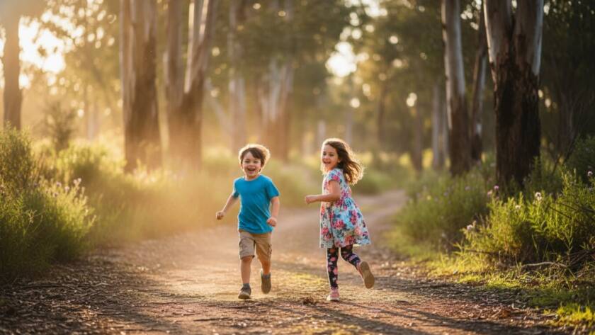 A heartwarming, professional photograph of two children laughing joyfully amidst the natural bushland of Albanvale, showcasing heartfelt kids photography Albanvale outdoor portraits with dramatic golden hour lighting and bokeh.