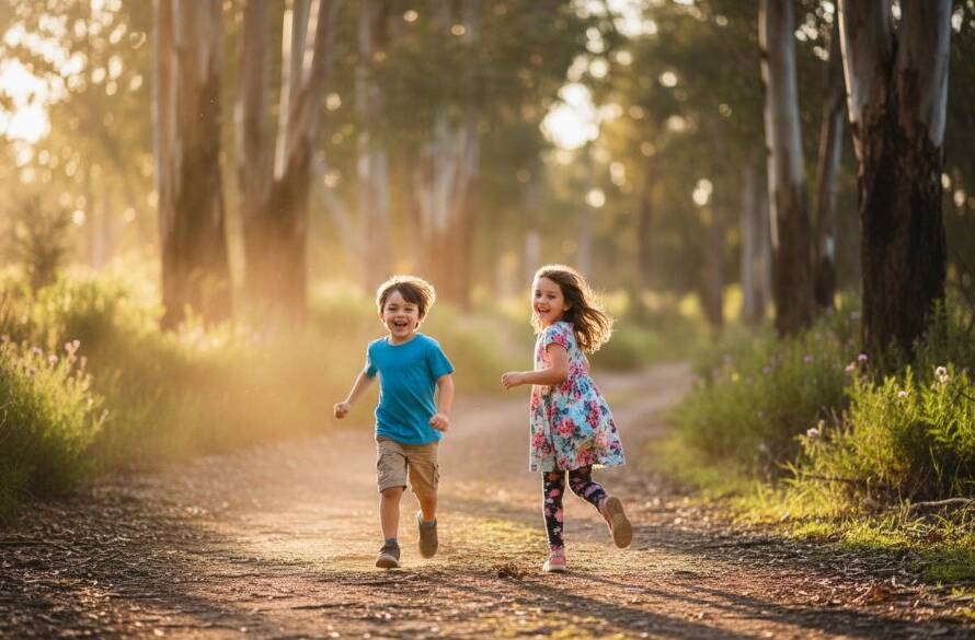 A heartwarming, professional photograph of two children laughing joyfully amidst the natural bushland of Albanvale, showcasing heartfelt kids photography Albanvale outdoor portraits with dramatic golden hour lighting and bokeh.