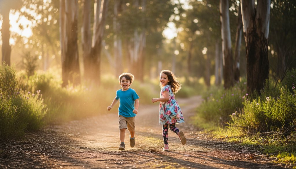 A heartwarming, professional photograph of two children laughing joyfully amidst the natural bushland of Albanvale, showcasing heartfelt kids photography Albanvale outdoor portraits with dramatic golden hour lighting and bokeh.