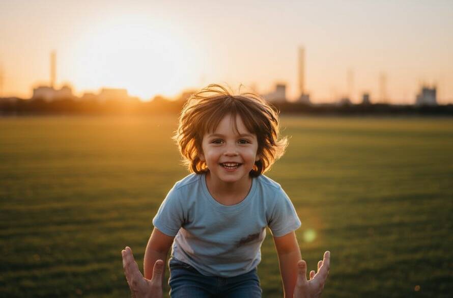 A stunning, professionally lit and colour-graded photograph capturing a moment of pure joy and connection: a child laughing as they're playfully swung by parents at sunset in a Dandenong South park, illustrating 'Heartfelt Kids Photography Dandenong South Family Memories'.