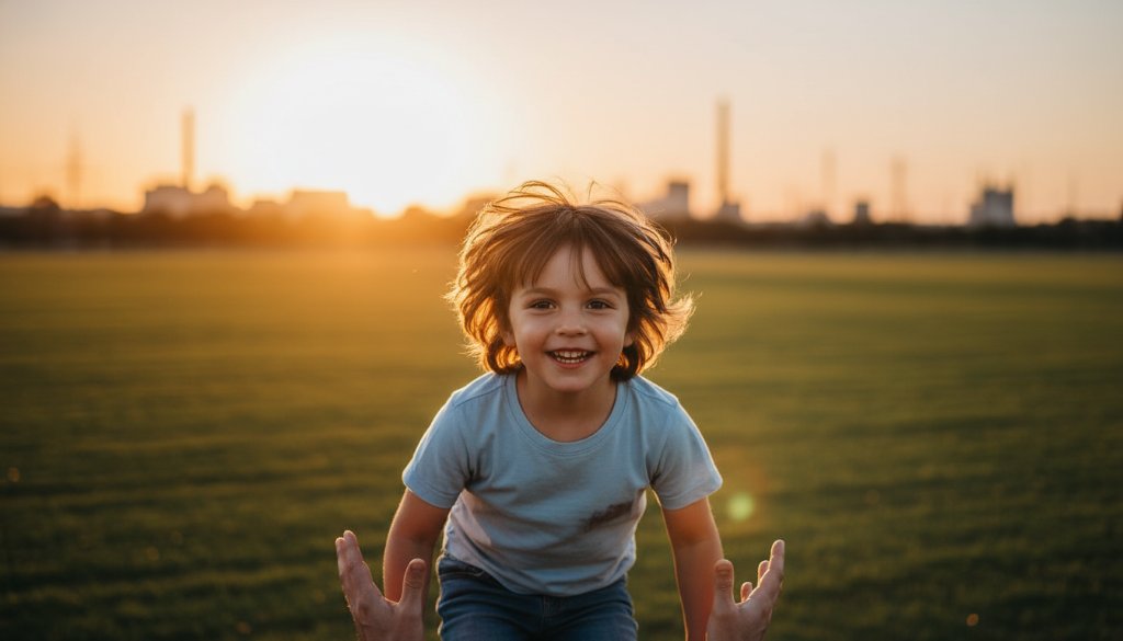 A stunning, professionally lit and colour-graded photograph capturing a moment of pure joy and connection: a child laughing as they're playfully swung by parents at sunset in a Dandenong South park, illustrating 'Heartfelt Kids Photography Dandenong South Family Memories'.