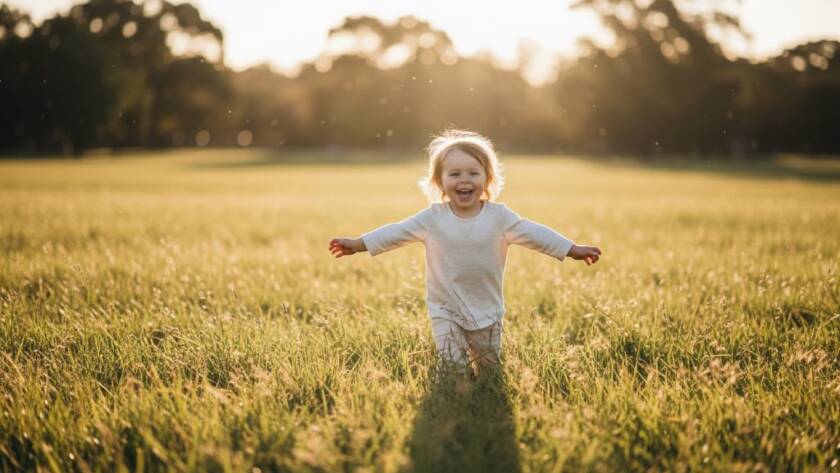 A heartwarming, professional photo capturing a genuine, joyful moment of a child laughing in a sun-drenched park in Endeavour Hills, epitomizing heartfelt kids photography Endeavour Hills natural portraits with dramatic backlighting.