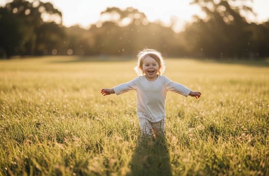 A heartwarming, professional photo capturing a genuine, joyful moment of a child laughing in a sun-drenched park in Endeavour Hills, epitomizing heartfelt kids photography Endeavour Hills natural portraits with dramatic backlighting.