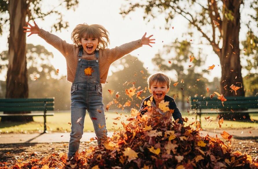 A wide-angle, vibrant photograph capturing heartfelt kids photography moments Oakleigh South, showing two laughing children running through a sun-drenched park in Oakleigh South, joyfully chasing bubbles, with dramatic golden hour lighting silhouetting their playful figures against lush green foliage.