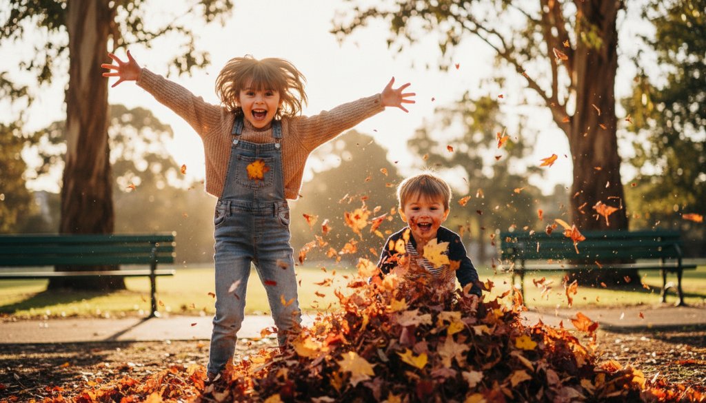 A wide-angle, vibrant photograph capturing heartfelt kids photography moments Oakleigh South, showing two laughing children running through a sun-drenched park in Oakleigh South, joyfully chasing bubbles, with dramatic golden hour lighting silhouetting their playful figures against lush green foliage.
