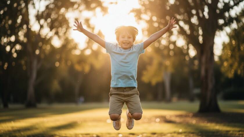 A professional, cinematic photograph capturing a child's joyful, candid laughter during heartfelt kids photography sessions Blackburn South, playing in the golden hour light of a local Blackburn South park, with dynamic backlighting illuminating their hair, creating an ethereal and emotionally resonant 'epic moment'.