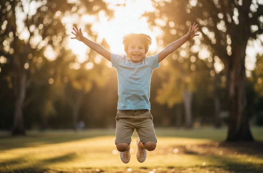A professional, cinematic photograph capturing a child's joyful, candid laughter during heartfelt kids photography sessions Blackburn South, playing in the golden hour light of a local Blackburn South park, with dynamic backlighting illuminating their hair, creating an ethereal and emotionally resonant 'epic moment'.