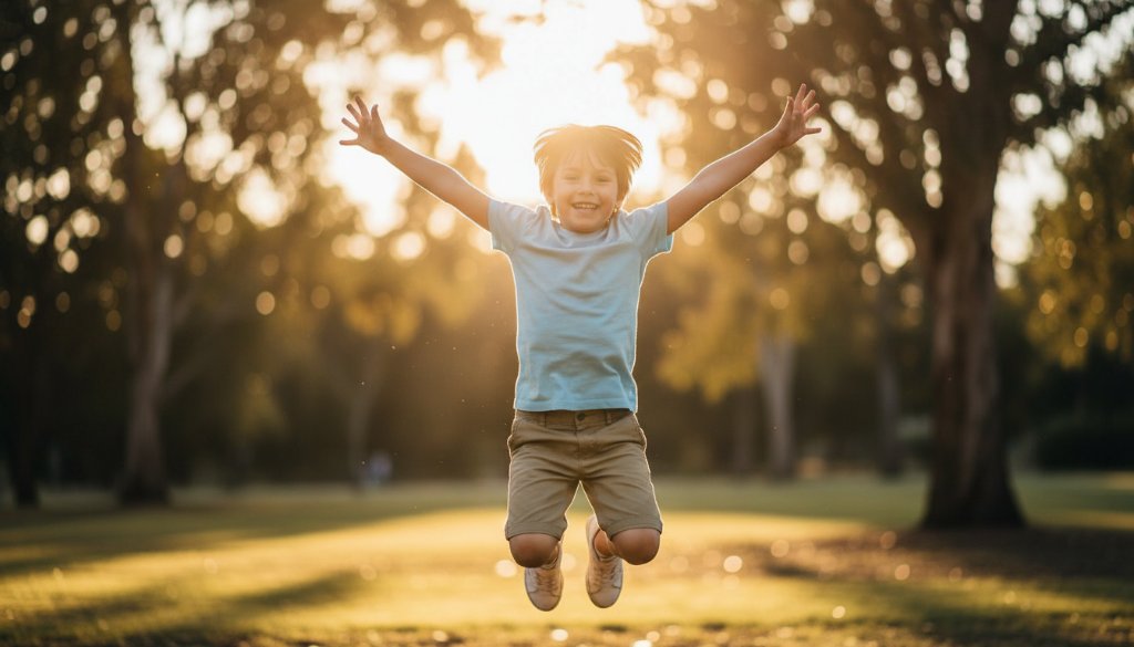 A professional, cinematic photograph capturing a child's joyful, candid laughter during heartfelt kids photography sessions Blackburn South, playing in the golden hour light of a local Blackburn South park, with dynamic backlighting illuminating their hair, creating an ethereal and emotionally resonant 'epic moment'.