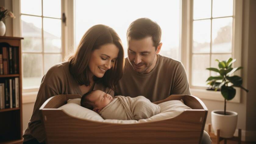 Heartfelt Kingsville newborn photography capturing precious family moments: A cinematic wide-angle shot of a new mother gently cradling her swaddled baby against the soft, diffused light of a Kingsville home's bay window, framed by sheer curtains, with the father's protective hand visible, expressing profound love and tender connection in a warm, sepia-toned colour palette.
