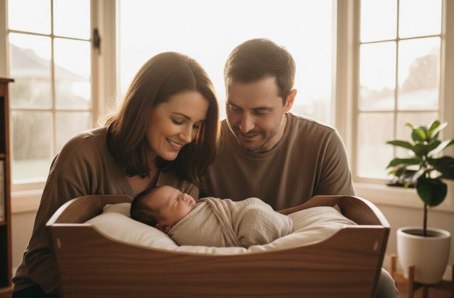 Heartfelt Kingsville newborn photography capturing precious family moments: A cinematic wide-angle shot of a new mother gently cradling her swaddled baby against the soft, diffused light of a Kingsville home's bay window, framed by sheer curtains, with the father's protective hand visible, expressing profound love and tender connection in a warm, sepia-toned colour palette.