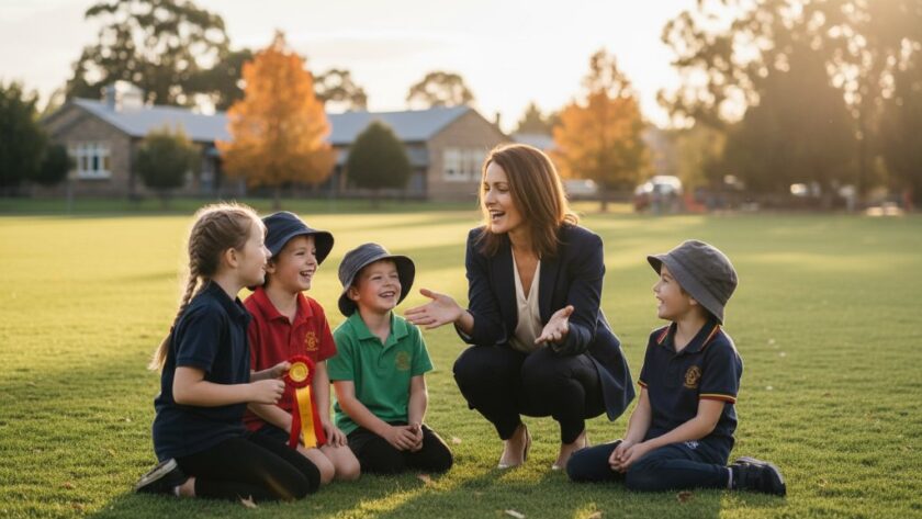 A heartwarming, professionally colour-graded photograph capturing an 'epic moment' of joy and connection during heartfelt Kyneton school event photography. Students and teachers share a genuine laugh on a sunny Kyneton oval, bathed in golden hour light, reflecting community spirit.