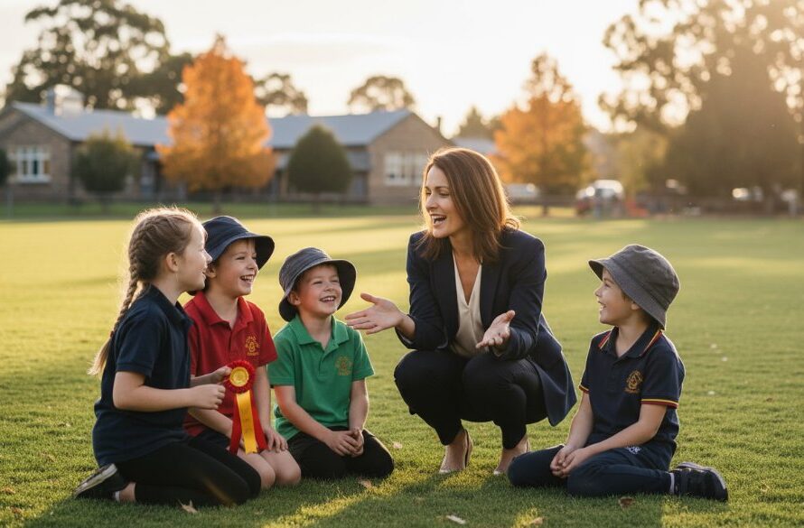 A heartwarming, professionally colour-graded photograph capturing an 'epic moment' of joy and connection during heartfelt Kyneton school event photography. Students and teachers share a genuine laugh on a sunny Kyneton oval, bathed in golden hour light, reflecting community spirit.