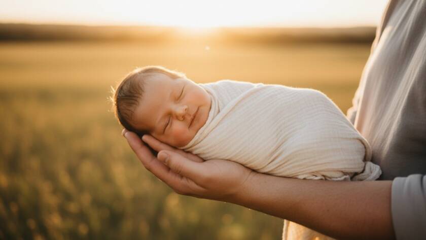 An intimate, epic moment during a heartfelt Lang Lang newborn photography session, featuring a peacefully sleeping baby swaddled in natural fibres, bathed in the soft, golden glow of a Lang Lang sunset, with parents' hands gently cradling, evoking warmth and serenity.