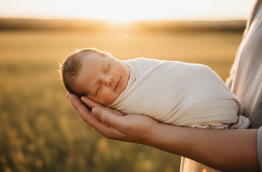 An intimate, epic moment during a heartfelt Lang Lang newborn photography session, featuring a peacefully sleeping baby swaddled in natural fibres, bathed in the soft, golden glow of a Lang Lang sunset, with parents' hands gently cradling, evoking warmth and serenity.