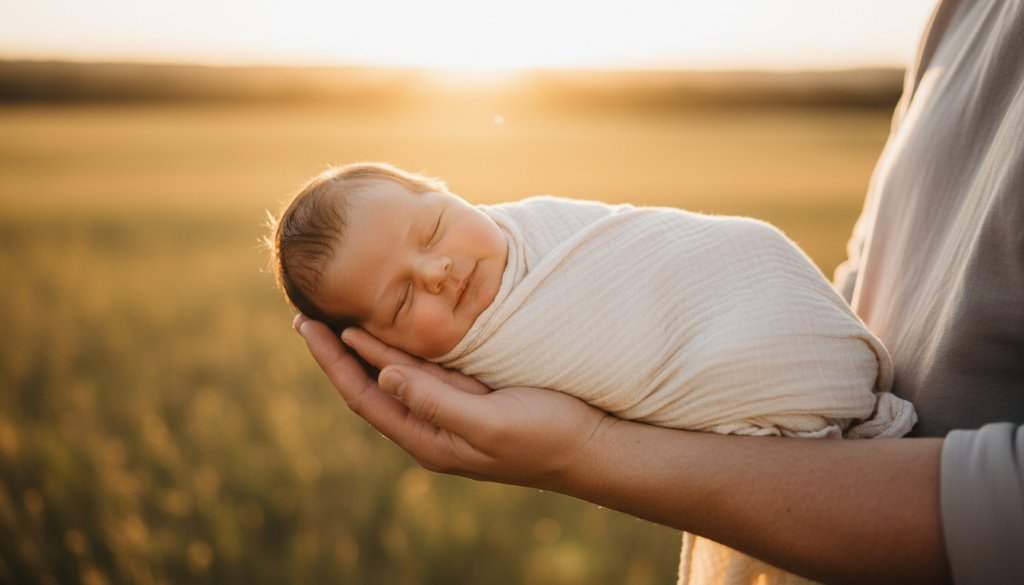 An intimate, epic moment during a heartfelt Lang Lang newborn photography session, featuring a peacefully sleeping baby swaddled in natural fibres, bathed in the soft, golden glow of a Lang Lang sunset, with parents' hands gently cradling, evoking warmth and serenity.
