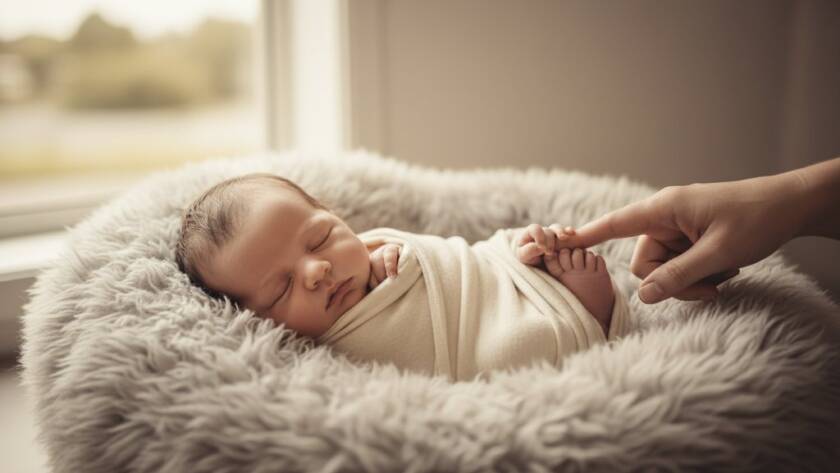 A breathtaking, tender portrait capturing the pure innocence of a newborn nestled peacefully in a soft blanket, bathed in warm, ethereal light. This heartfelt newborn photography Altona Meadows Victoria image showcases the serene bond between parent and child, evoking a sense of cherished beginnings and timeless love.