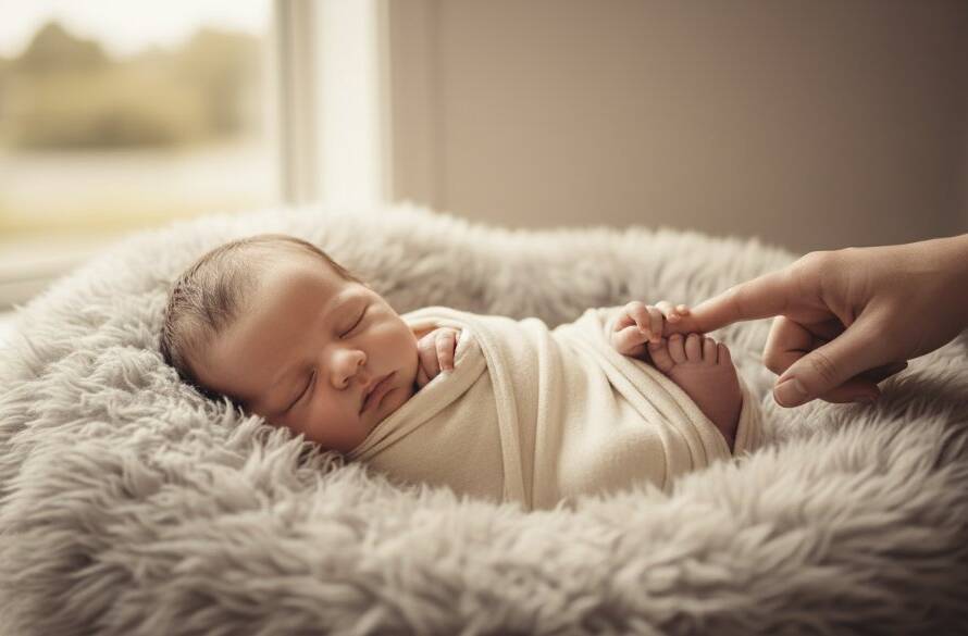 A breathtaking, tender portrait capturing the pure innocence of a newborn nestled peacefully in a soft blanket, bathed in warm, ethereal light. This heartfelt newborn photography Altona Meadows Victoria image showcases the serene bond between parent and child, evoking a sense of cherished beginnings and timeless love.