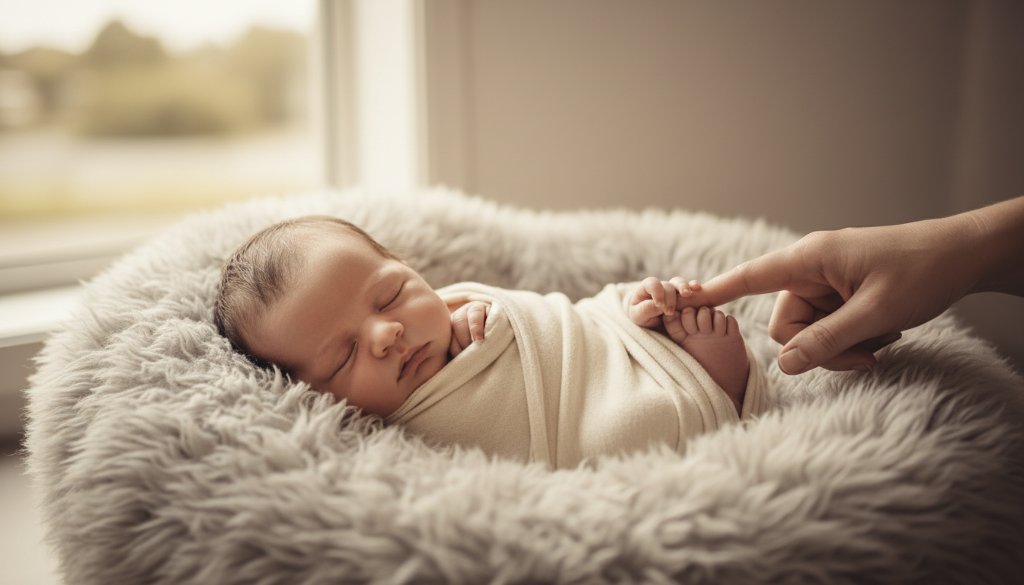 A breathtaking, tender portrait capturing the pure innocence of a newborn nestled peacefully in a soft blanket, bathed in warm, ethereal light. This heartfelt newborn photography Altona Meadows Victoria image showcases the serene bond between parent and child, evoking a sense of cherished beginnings and timeless love.