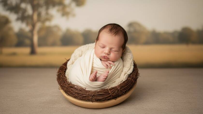 An epic moment of heartfelt newborn photography in Bangholme, Victoria, showing a sleeping baby peacefully swaddled in soft, natural light, cradled in parent's hands, with a warm, intimate atmosphere.